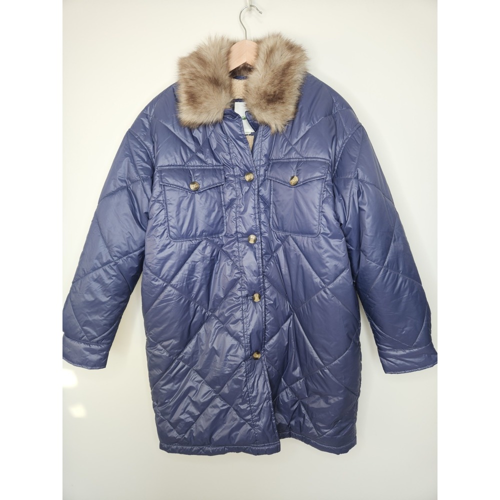 Arie Coat Blue Women S Quilted Puffer Faux Fur Collar Chunky Button Preppy Chic